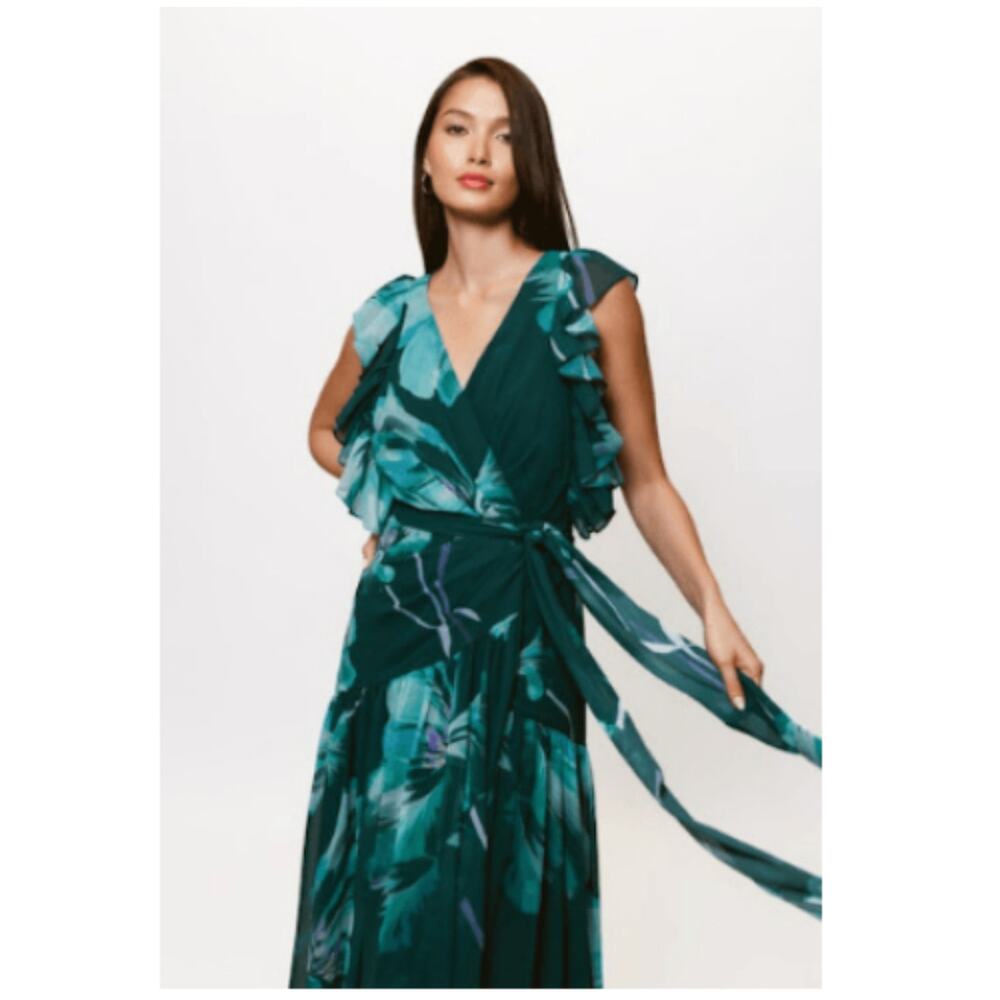 Hutch Women's Floral V-Neck Beck Maxi Wrap Dress Cap Sleeves Green Size XL NWT - Picture 4 of 12